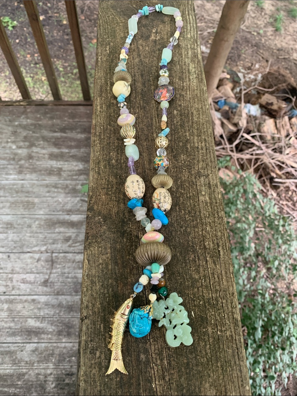 Boho Multi-Bead Pendant Necklace with Fish, Turquoise and Jade Charms